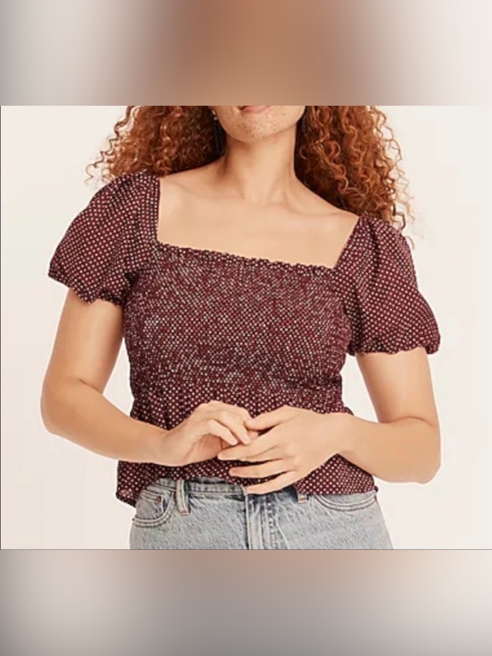 J.Crew Squareneck Smocked Cotton Voile Top M Brown dot peplum puff sleeves boho
